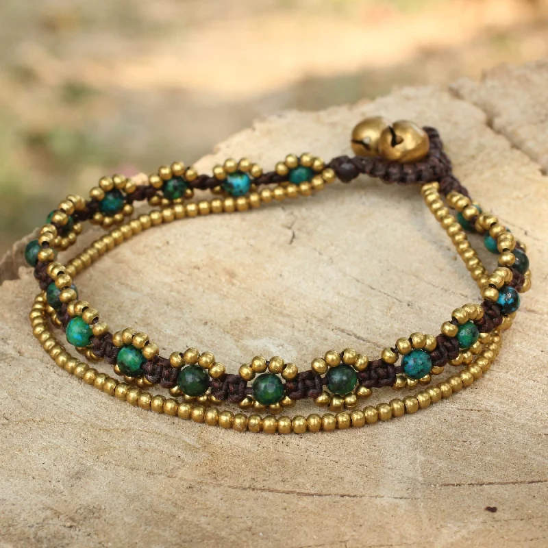 Serene Forest Hand Knotted Beaded Bracelet with Serpentine and Brass Bells