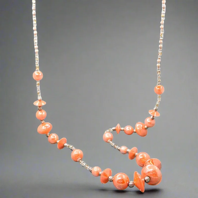 STST Peachy Orange and Clear Murano Glass 34” Beaded Necklace