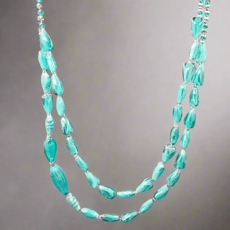 STST Teal Murano Glass Double Strand Graduated Beaded Necklace