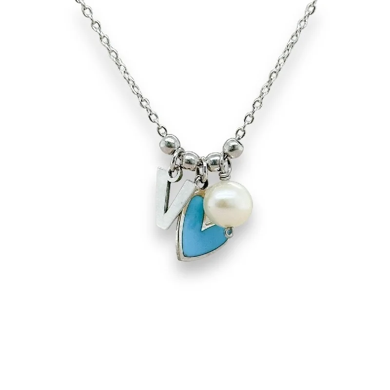 SS Blue Enamel Heart Initial Necklace with Pearl