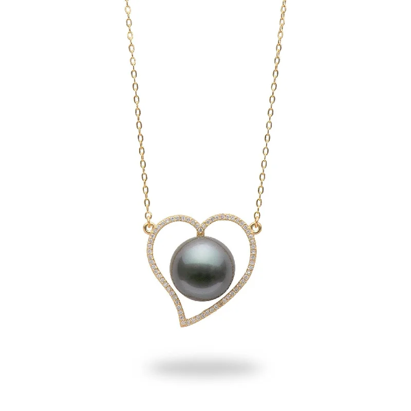 16" Tahitian Black Pearl Heart Necklace in Gold - 12-13mm