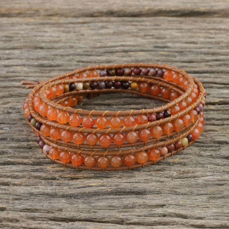 Terra Firma Swirl Carnelian and Jasper Beaded Leather Cord Wrap Bracelet