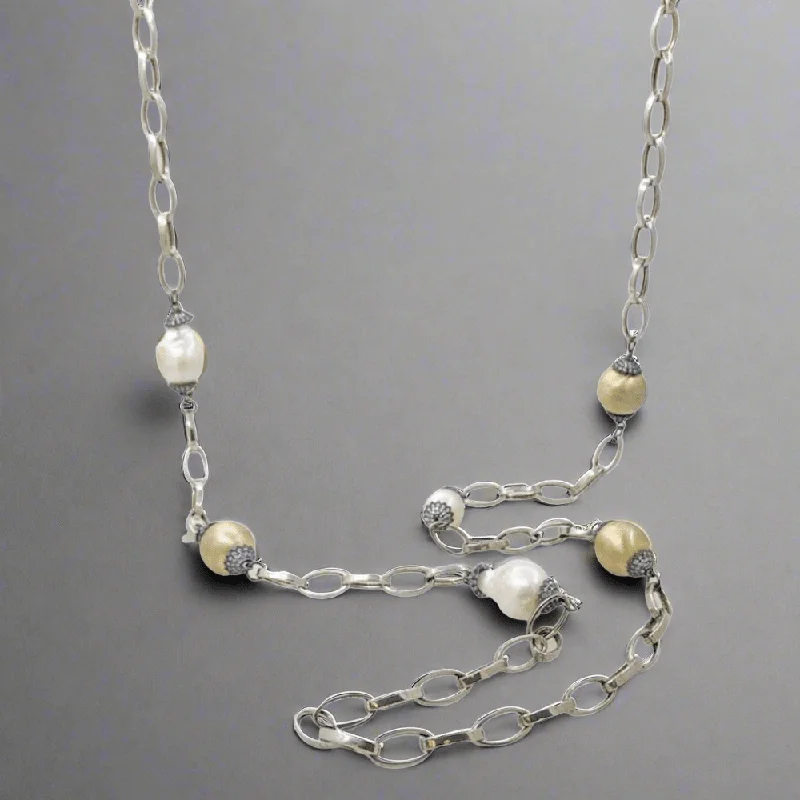 YGP Sterling Baroque Freshwater Pearl & CZ 42” Necklace