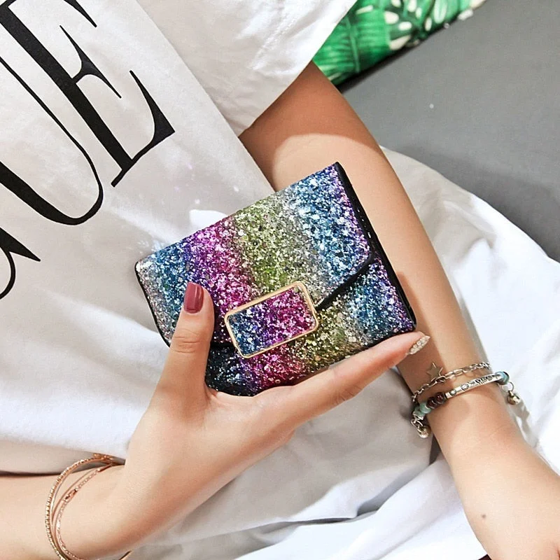 Designer womens glitter sequins bags ladies leather wallets card holder clutch mini purses and handbags short wallet for female