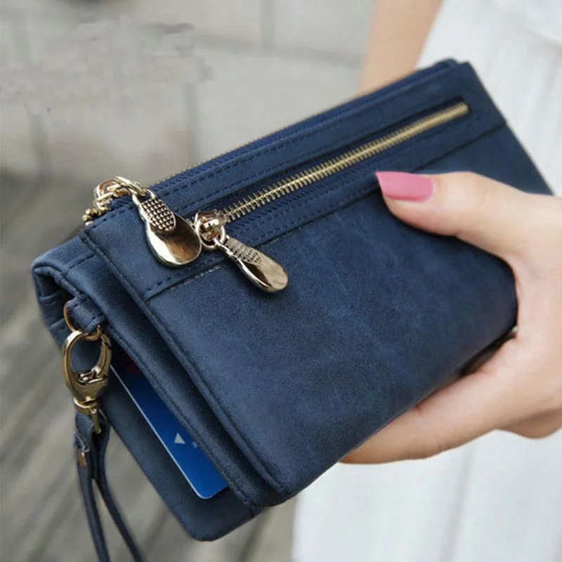 Fashion Wallet Women Leather Double Zipper Coin Phone Pocket Ladies Purse Clutch Women Wallets Card Holder Wristlet Handbag W070